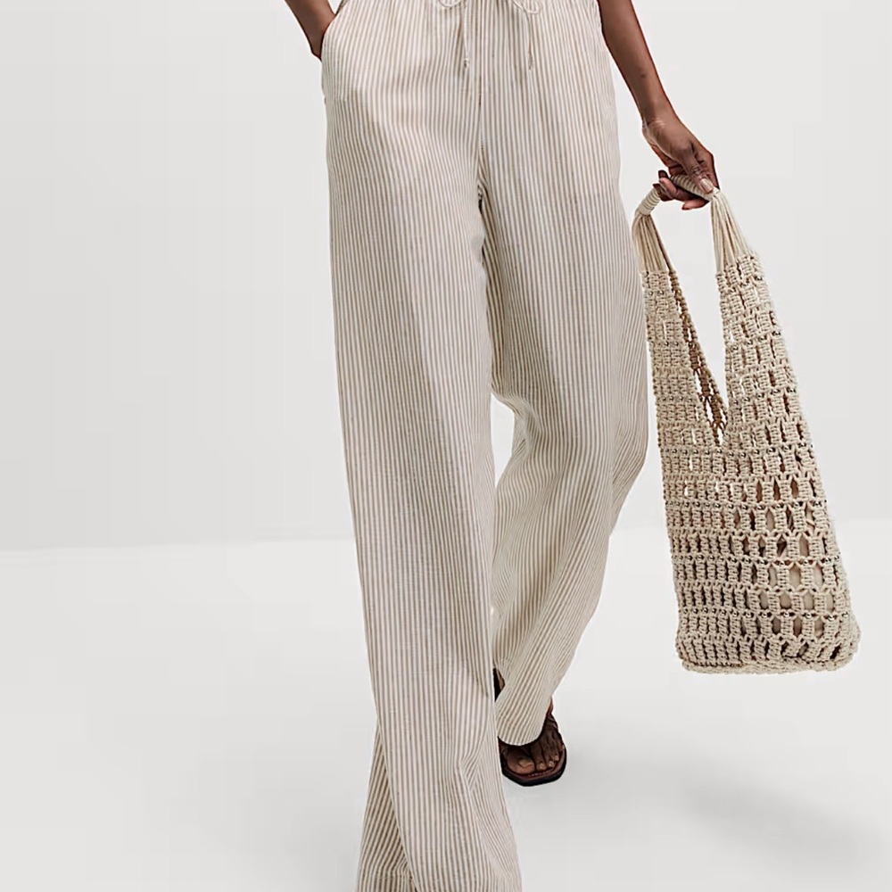 M&S Linen-Blend Wide Leg Trousers – Neutral Stripe, Size 18